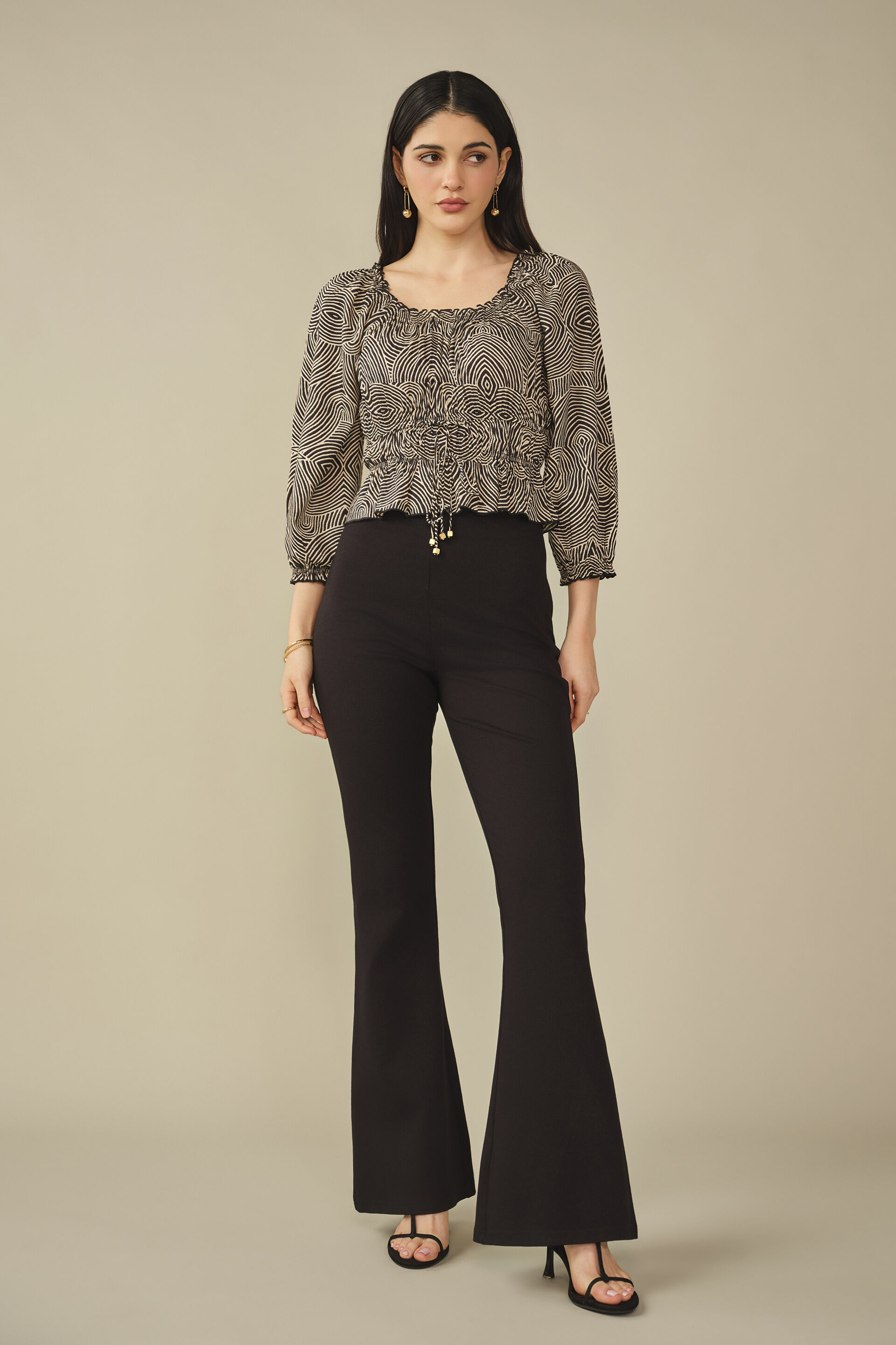 Abstract Printed Smocked Top in Black, Black, image 4